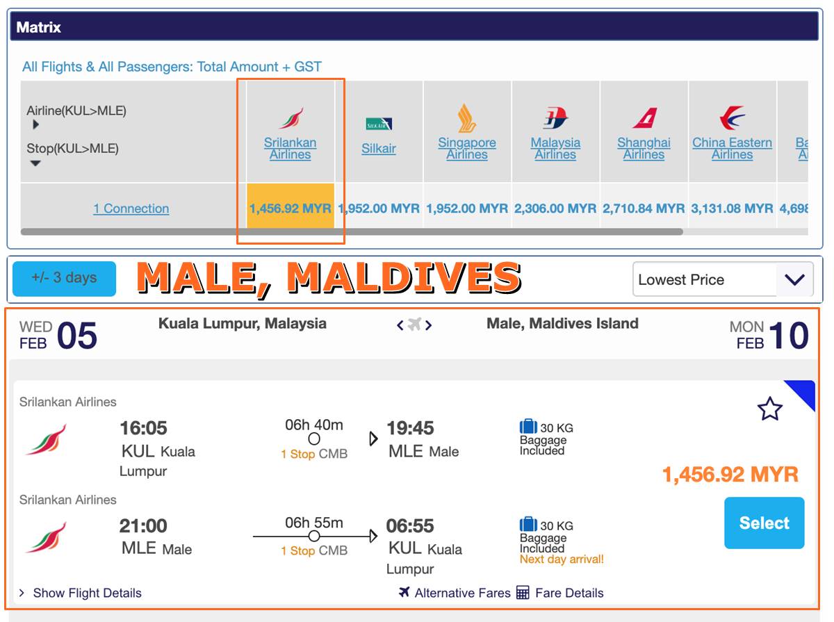 Maldives ticket price from malaysia