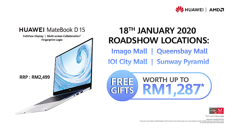 Grab HUAWEI MateBook D 15 with Freebies worth RM1,287 at HUAWEI Roadshows on 18 January