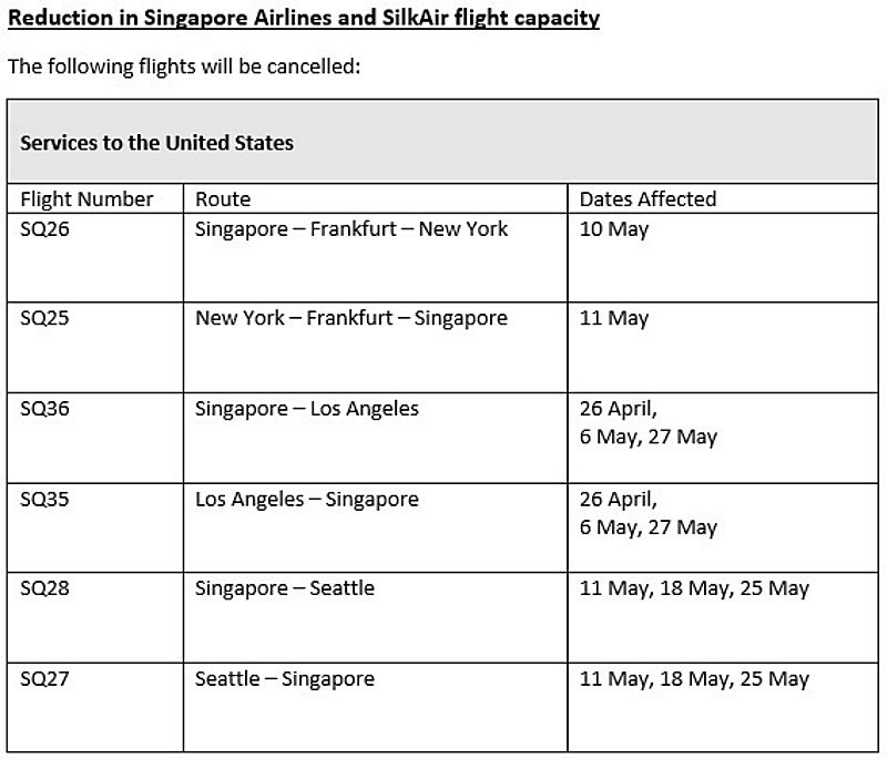 Singapore Airlines & SilkAir Reduced Flight Services Due To Virus